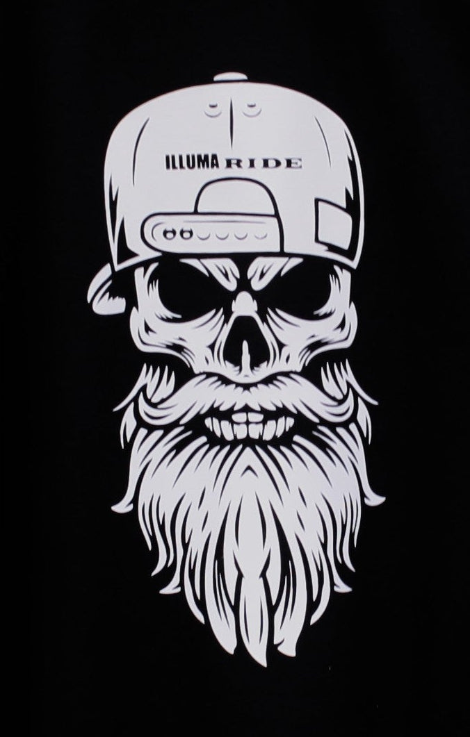 Skull with beard wearing a cap on a black background