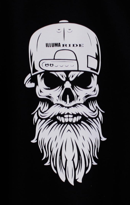 Skull with beard wearing a cap on a black background